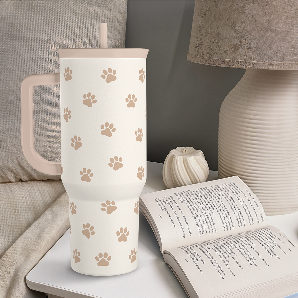Paw Print Tumbler with Handle, Gifts for Dog Mom, Stainless Steel Insulated Tumblers Coffee Travel Mug Cup, Gift for Women Girls on Birthday Christmas Mothers Day, 40oz