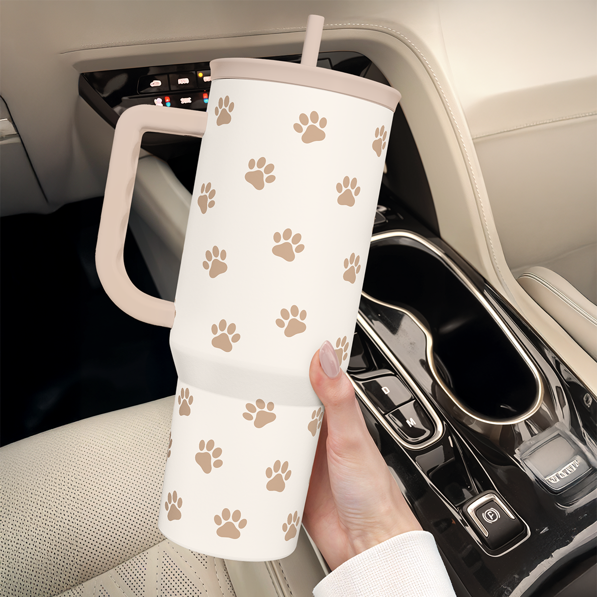 Paw Print Tumbler with Handle, Gifts for Dog Mom, Stainless Steel Insulated Tumblers Coffee Travel Mug Cup, Gift for Women Girls on Birthday Christmas Mothers Day, 40oz
