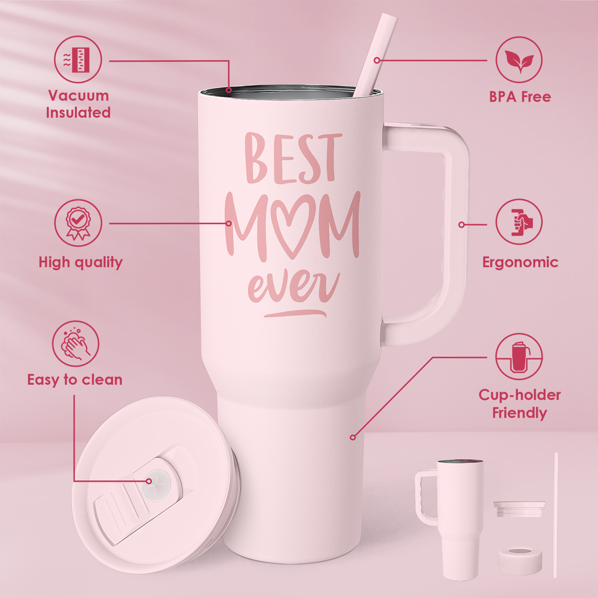 Gift for Mom - Best Mom Stainless Steel Tumbler with Handle, Travel Coffee Mug for Moms - Gifts for Birthday Christmas Mothers Day, 40oz